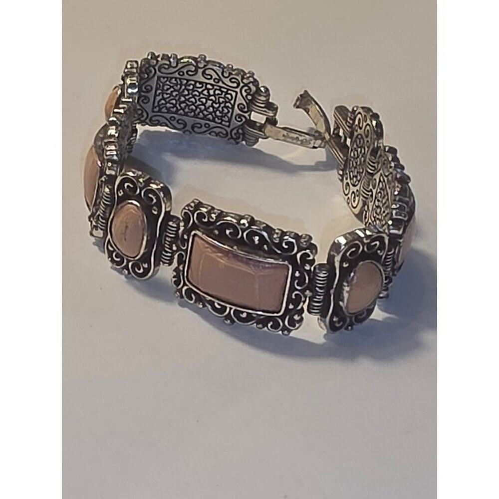 Brighton Silver Tone Pink Croco Embossed Leather Scroll Heart Link Bracelet